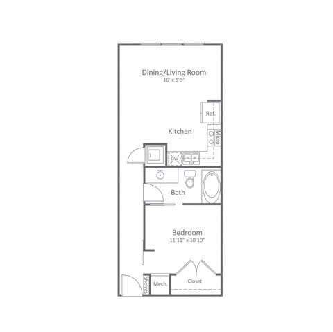 Floor plan for studio, 1 bath, 667 sqft